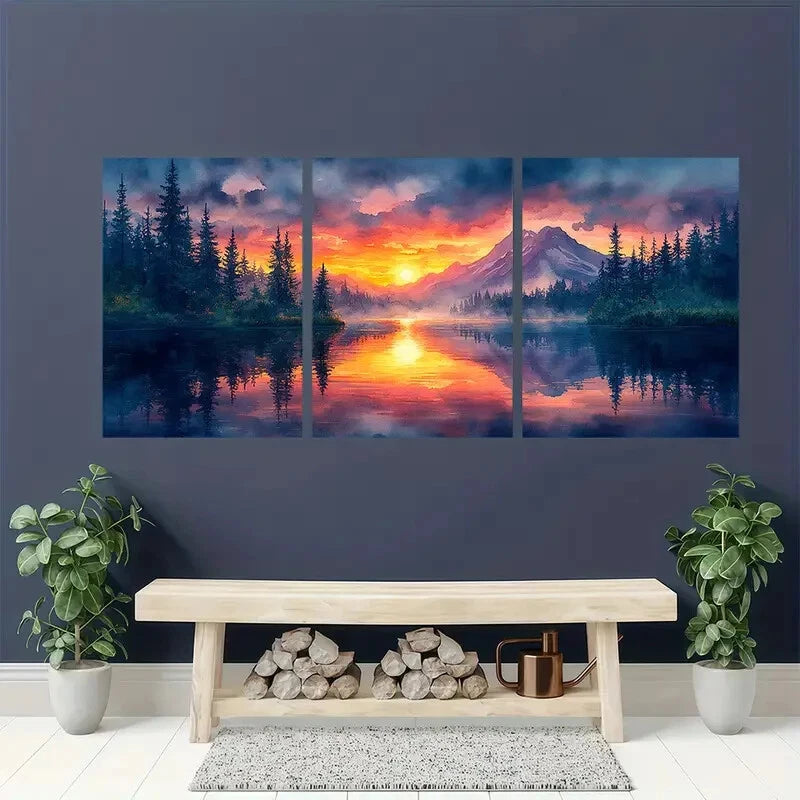 3pcs Oregon Watercolor Painting Mountain Lake Metal Print Ready to Hang Art