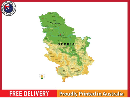 Serbia Physical map with details 91x61cm poster AU