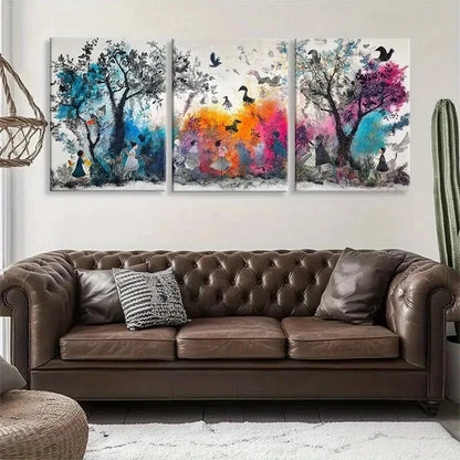 3pcs Whimsical Trees Birds Colorful Nature Wall Art Set Canvas Framed 40x60cm - High Quality Print 100% Australian Made Wall Canvas Ready to Hang