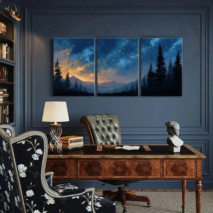 3pcs Night Sky Stars Mountains Pine Trees Metal Print Ready to Hang Art
