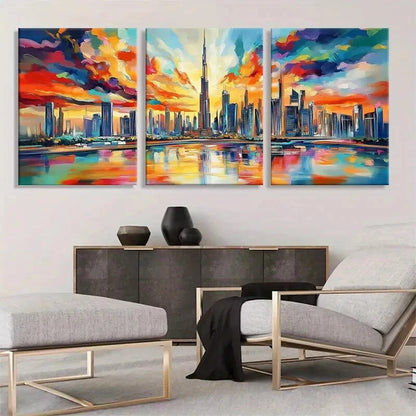 3pcs Vibrant Cityscape Colorful Skyline Perfect Wall Art Set Canvas Framed 40x60cm - High Quality Print 100% Australian Made Wall Canvas Ready to Hang