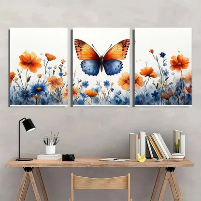3pcs Modern Vibrant Wildflowers and Butterflies Metal Print Ready to Hang Art
