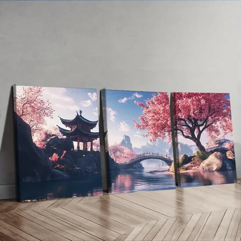 3pcs Cherry Blossom River Landscape Luxurious Wall Art Set Canvas Unframed - High Quality Print 100% Australian Made Wall Canvas