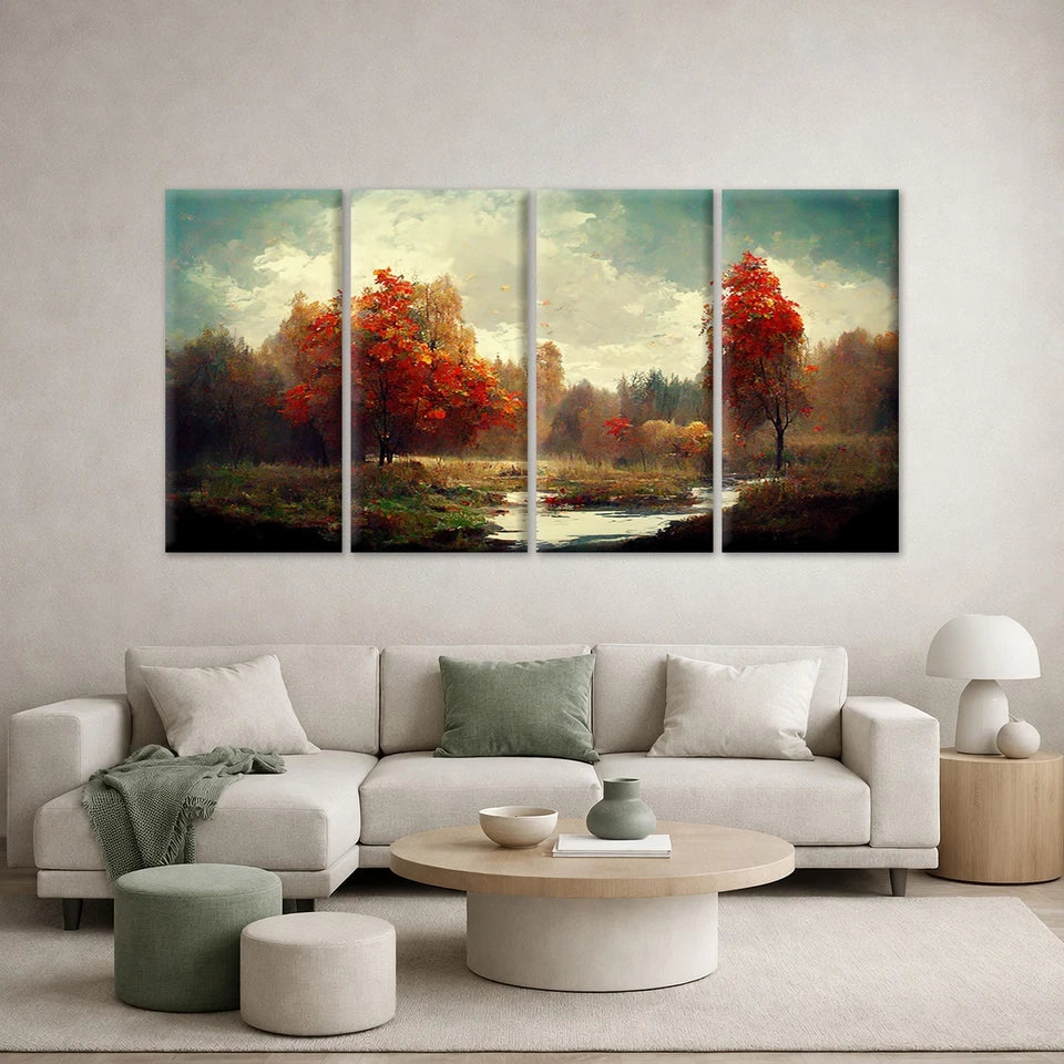 4pcs Autumn Landscape River and Red Trees Wall Art Canvas Framed 45x80cm - High Quality Print 100% Australian Made Wall Canvas Ready to Hang