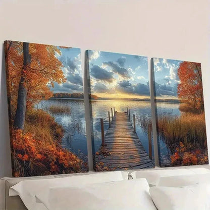 3pcs Lake Sunset Scene with Wooden Pier Wall Art Set Canvas Unframed - High Quality Print 100% Australian Made Wall Canvas