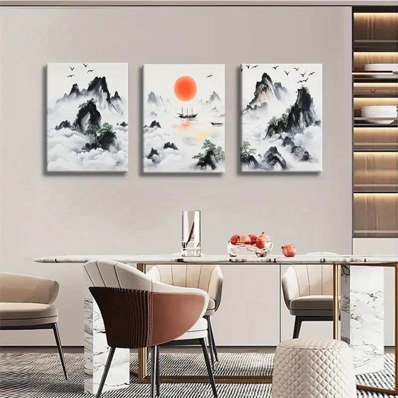 3pcs Majestic Mountains River and Boats with Red Metal Print Ready to Hang Art
