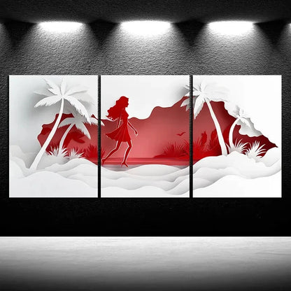 3pcs Coconut Trees And Women Beach Red & White Metal Print Ready to Hang Art