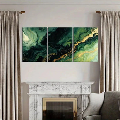 3pcs Abstract Green Golden Swirls Art Metal Print Ready to Hang Art