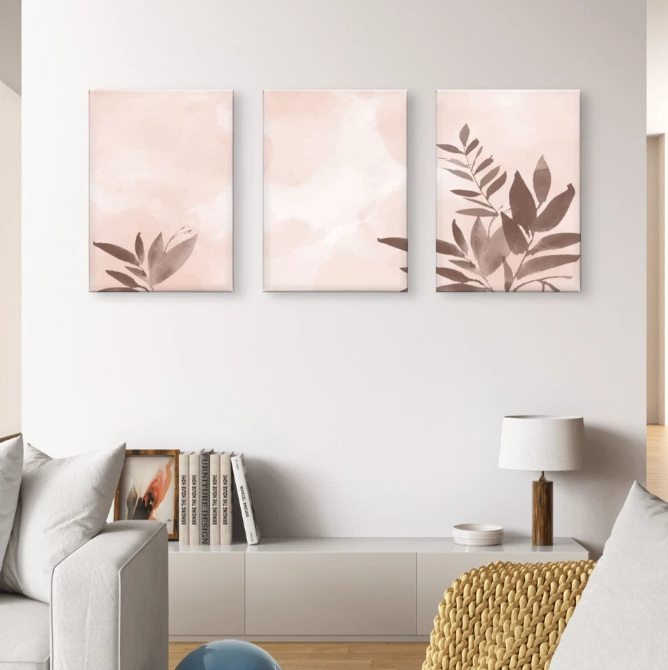 3pcs Neutral Pastel Pink and Brown Leaves Wall Art Set Canvas Framed 60x90cm - High Quality Print 100% Australian Made Wall Canvas Ready to Hang