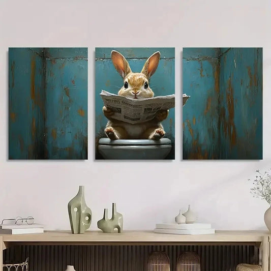 3pcs Humorous Rabbit Reading Newspaper Metal Print Ready to Hang Art