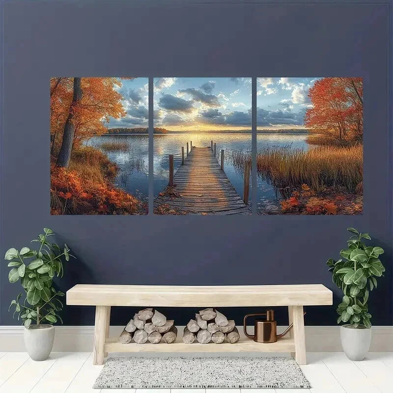 3pcs Lake Sunset Scene with Wooden Pier Wall Art Set Canvas Framed 40x60cm - High Quality Print 100% Australian Made Wall Canvas Ready to Hang