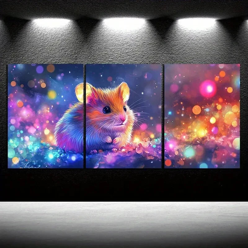 3pcs Charming Hamster Trio Colourful Metal Print Ready to Hang Art