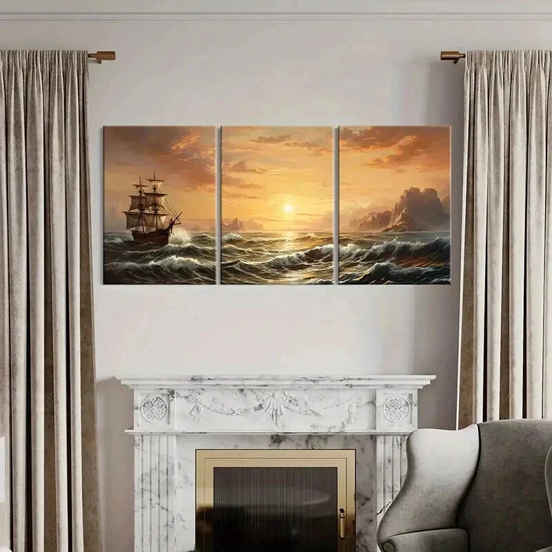 3pcs Nautical Art with Sailing and Pirate Ship  Wall Art Set Canvas Framed 40x60cm - High Quality Print 100% Australian Made Wall Canvas Ready to Hang