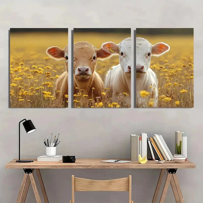 3pcs Land Cow & Calf Animal Themed Nature Scenery Metal Print Ready to Hang Art