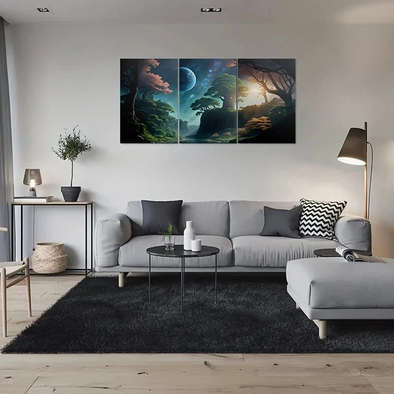3pcs Fantasy Forest Moon and Stars Night Sky Metal Print Ready to Hang Art