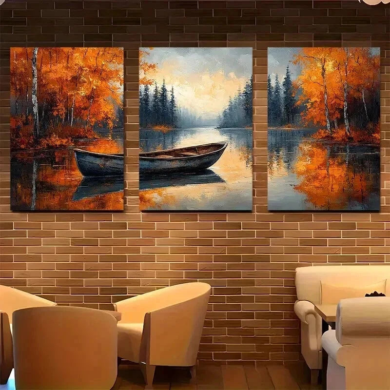 3pcs Autumn River Boat Rustic Fall Perfect Wall Art Set Canvas Framed 60x90cm - High Quality Print 100% Australian Made Wall Canvas Ready to Hang