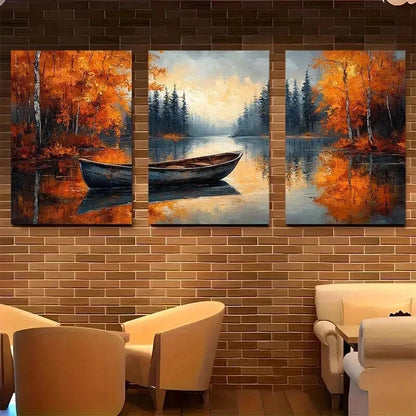 3pcs Autumn River Boat Rustic Fall Perfect Wall Art Set Canvas Framed 60x90cm - High Quality Print 100% Australian Made Wall Canvas Ready to Hang