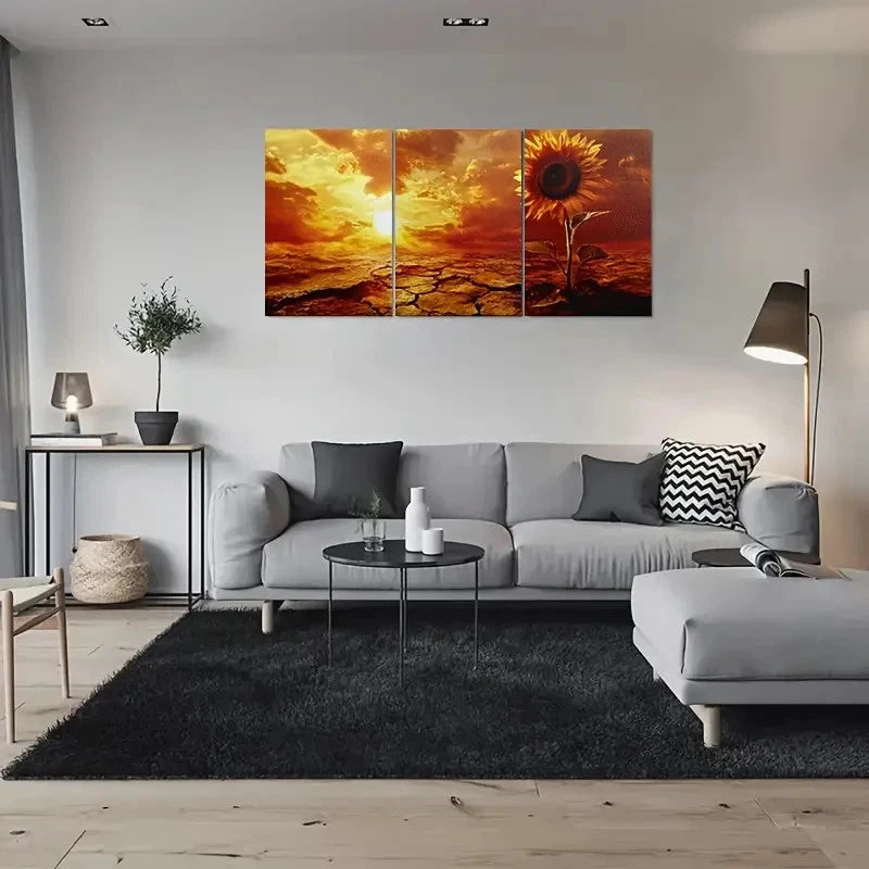 3pcs Vibrant Sunflower & Cracked Earth Metal Print Ready to Hang Art