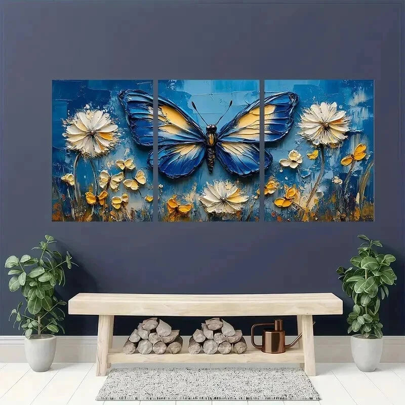 3pcs Blue Butterflies & Dandelion Flowers Wall Art Set Canvas Framed 40x60cm - High Quality Print 100% Australian Made Wall Canvas Ready to Hang