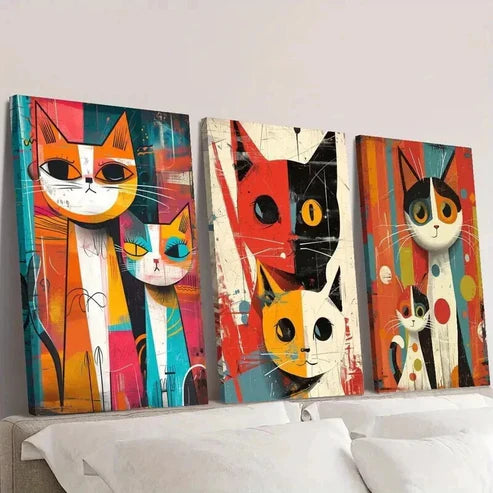 3pcs Vintage Colorful Cat Illustrations Wall Art Canvas Unframed - High Quality Print 100% Australian Made Wall Canvas