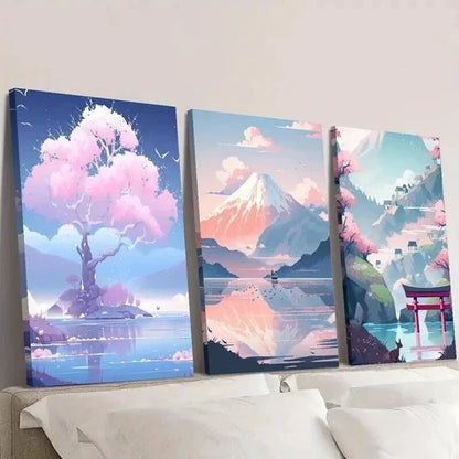 3pcs Pink Trees by the Lake & Mountain Scenery Wall Art Canvas Unframed - High Quality Print 100% Australian Made Wall Canvas