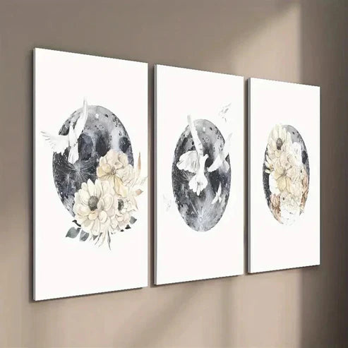 3pcs Moon and Bird Animal Floral Wall Art Set Canvas Unframed - High Quality Print 100% Australian Made Wall Canvas