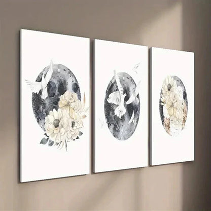 3pcs Moon and Bird Animal Floral Wall Art Set Canvas Unframed - High Quality Print 100% Australian Made Wall Canvas