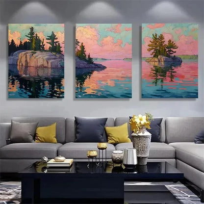 3pcs Serene Lakeside Rocks and Trees Wall Art Canvas Unframed - High Quality Print 100% Australian Made Wall Canvas