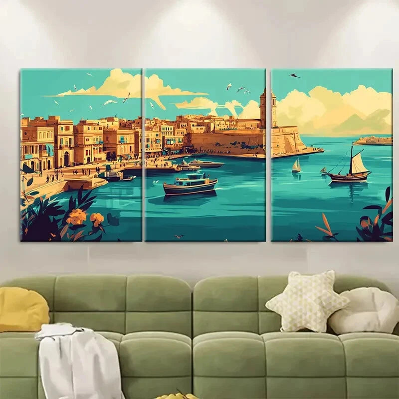 3pcs Vintage Inspired Malta Blue Metal Print Ready to Hang Art