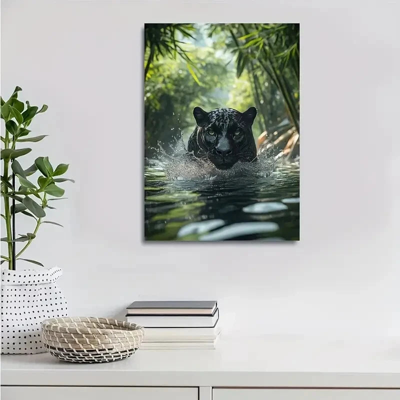 Scene of Panther Splashing in Water Painting 40x60cm Metal Print Ready to Hang