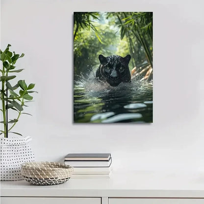 Scene of Panther Splashing in Water Painting 40x60cm Metal Print Ready to Hang