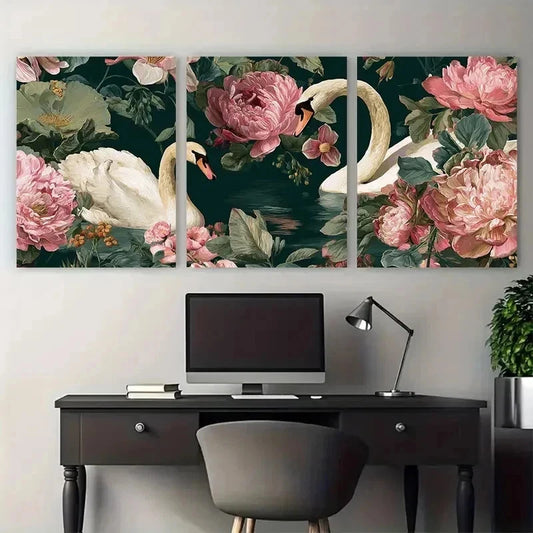 3pcs Swans Coquette Vintage Floral Perfect Wall Art Set Canvas Framed 40x60cm - High Quality Print 100% Australian Made Wall Canvas Ready to Hang
