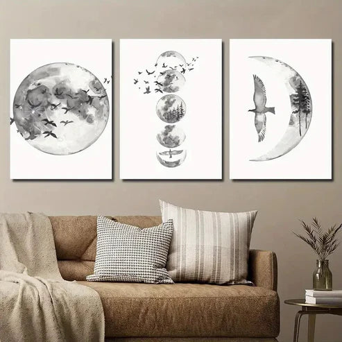 3pcs Black and White Moon Phase Wall Art Set Canvas Unframed - High Quality Print 100% Australian Made Wall Canvas