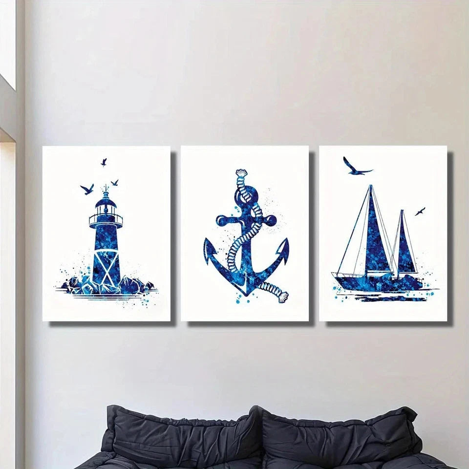 3pcs Navy Blue Lighthouse Sailboat Anchor Metal Print Ready to Hang Art