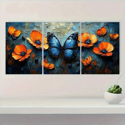 3pcs Van Gogh Inspired Butterflies & Poppies Metal Print Ready to Hang Art