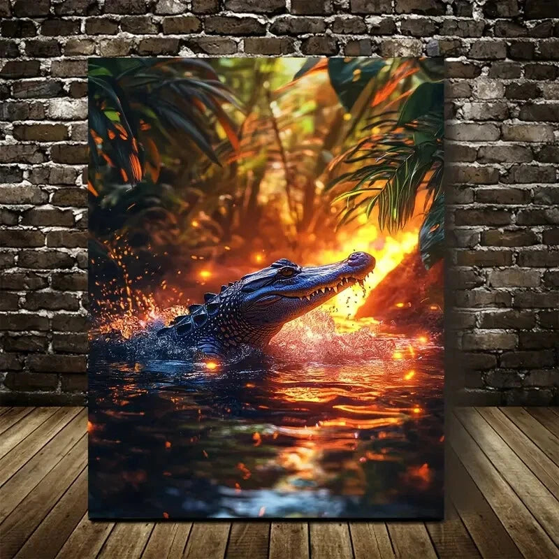 Vibrant Jungle Crocodile Splashing In Water Painting  40x60cm Metal Print Ready to Hang