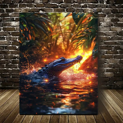 Vibrant Jungle Crocodile Splashing In Water Painting  40x60cm Metal Print Ready to Hang