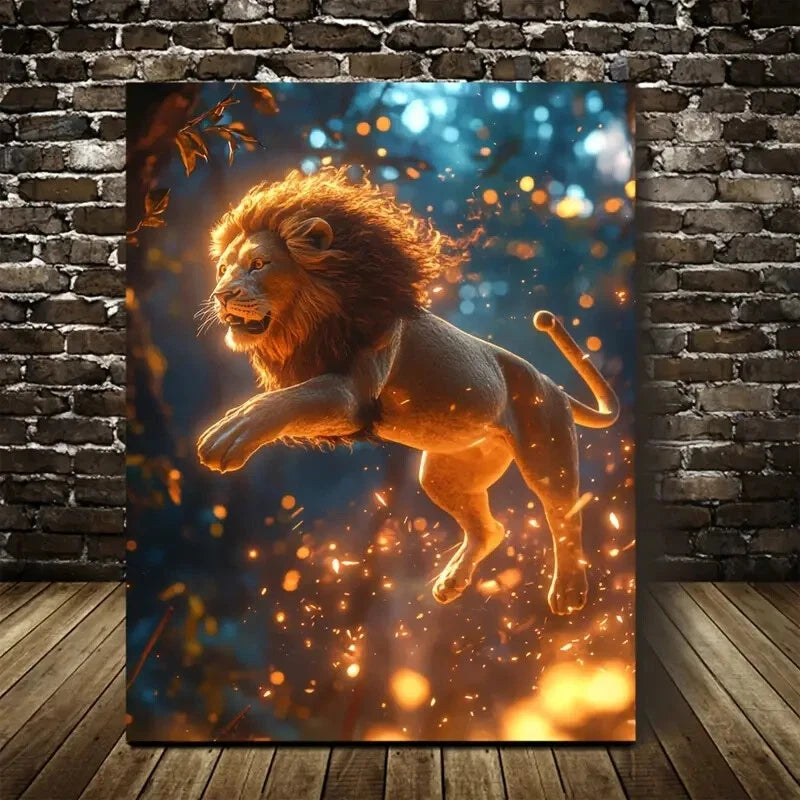 Cyberpunk Lion in Magical Forest Painting 40x60cm Metal Print Ready to Hang