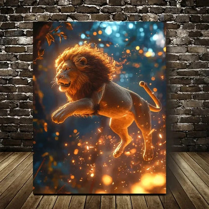 Cyberpunk Lion in Magical Forest Painting 40x60cm Metal Print Ready to Hang