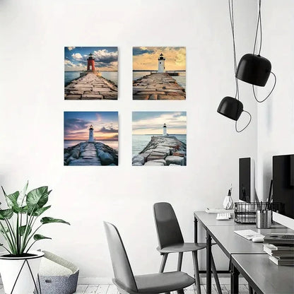 4pcs Charming Lighthouse By The Sea Morning Scen Wall Art Canvas Framed
