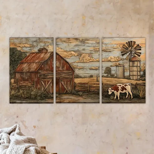 3pcs a painting of a cow and a barn Wall Art Set Canvas Unframed - High Quality Print 100% Australian Made Wall Canvas - Bella Home Decor