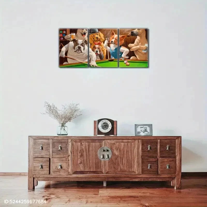 3pcs Dog Playing Billiards Animal Portrai Wall Art Metal Print Ready to Hang Art
