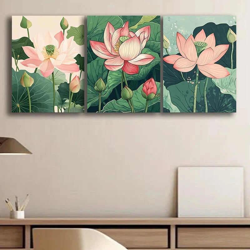 3pcs Pink Lotus Flowers Elegant Floral Metal Print Ready to Hang Art