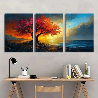 3pcs Colourful Painting Red Sunset Metal Print Ready to Hang Art