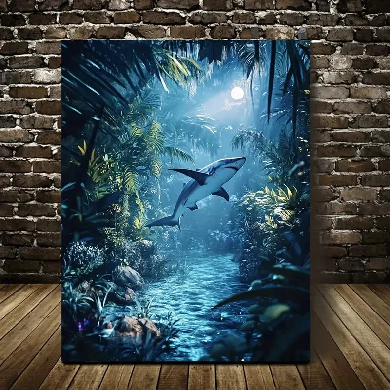 Serene Deep Jungle Scene with Shark Running Painting 40x60cm Metal Print Ready to Hang