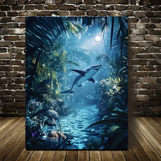 Serene Deep Jungle Scene with Shark Running Painting 40x60cm Metal Print Ready to Hang
