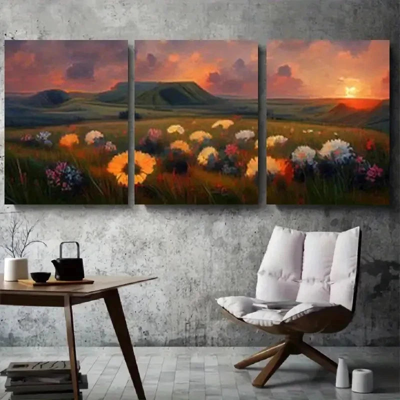 3pcs Sunset Wildflower Meadow Bohemian Floral Metal Print Ready to Hang Art