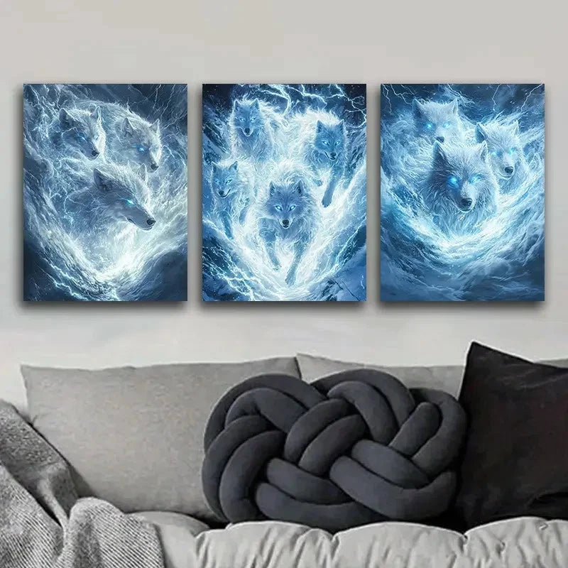 3pcs Featuring White Wolves Paintings Metal Print Ready to Hang Art