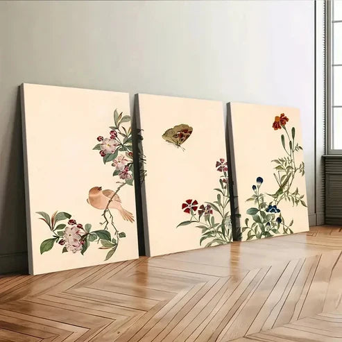 3pcs Vintage Flowers Birds Florals Green Leaves Wall Art Canvas Unframed - High Quality Print 100% Australian Made Wall Canvas