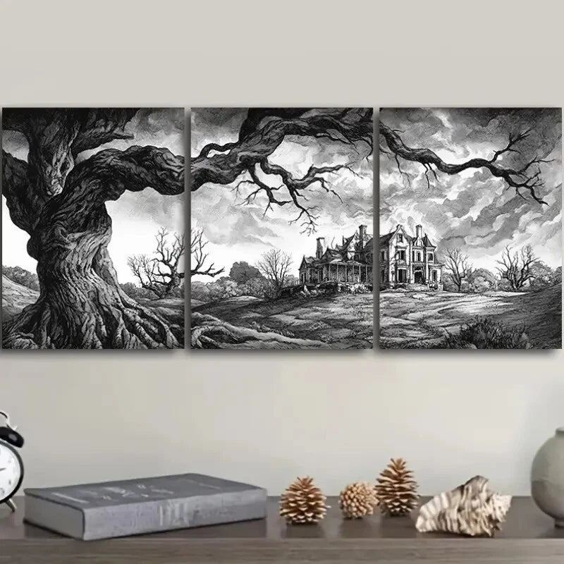 3pcs House Surrounded by Dead Trees Metal Print Ready to Hang Art